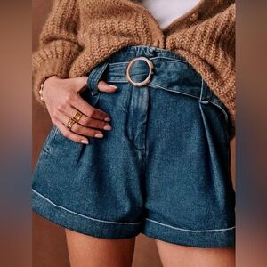 Sezane Denim Rome Shorts Blue Belted Pleated Paper bag style FR 36 US 4